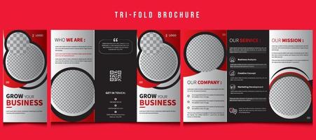 Brochura com três dobras, modelo de brochura corporativa criativa com três dobras. panfleto de dobra de marketing da empresa, folheto, pôster, banner, folheto, estilo moderno com triângulos vermelhos e espaço para a foto, livreto. vetor