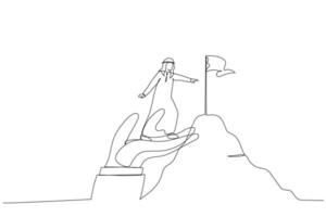 ilustração do empresário árabe ficar na mão gigante para alcançar a bandeira de alvo de pico de montanha. um estilo de arte de linha contínua vetor