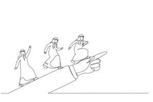 ilustração do homem árabe correndo para a frente procurando o sucesso no caminho mostrado pela mão gigante do líder. metáfora para a liderança direcional. um estilo de arte de linha contínua vetor