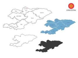 4 estilo de ilustração vetorial de mapa do Quirguistão têm todas as províncias e marcam a capital do Quirguistão. pelo estilo de simplicidade de contorno preto fino e estilo de sombra escura. isolado no fundo branco. vetor