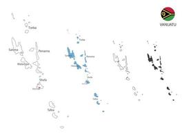 4 estilo de ilustração vetorial de mapa de vanuatu têm todas as províncias e marcam a capital de vanuatu. pelo estilo de simplicidade de contorno preto fino e estilo de sombra escura. isolado no fundo branco. vetor