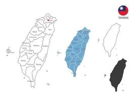 4 estilo de ilustração vetorial de mapa de taiwan têm todas as províncias e marcam a capital de taiwan. pelo estilo de simplicidade de contorno preto fino e estilo de sombra escura. isolado no fundo branco. vetor