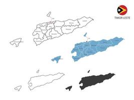 4 estilo de ilustração vetorial de mapa de timor leste têm toda a província e marcam a capital de timor leste. pelo estilo de simplicidade de contorno preto fino e estilo de sombra escura. isolado no fundo branco. vetor