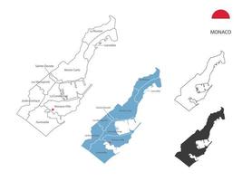 4 estilo de ilustração vetorial de mapa de Mônaco têm todas as províncias e marcam a capital de Mônaco. pelo estilo de simplicidade de contorno preto fino e estilo de sombra escura. isolado no fundo branco. vetor