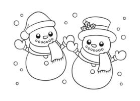 boneco de neve usando chapéus e cachecol com neve contorno linha arte doodle ilustração dos desenhos animados. Atividade de página de livro de colorir de tema de natal de inverno para crianças e adultos. vetor