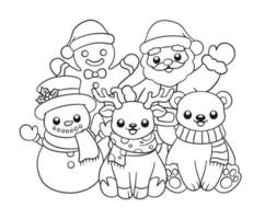 papai noel, homem de gengibre, boneco de neve, rena, urso polar contorno linha arte doodle ilustração dos desenhos animados. Atividade de página de livro de colorir de tema de natal de inverno para crianças e adultos. vetor