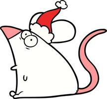 desenho de linha de um rato assustado usando chapéu de papai noel vetor