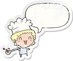bonito desenho animado chef feliz e adesivo angustiado de bolha de fala vetor
