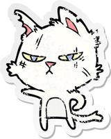 adesivo angustiado de um gato de desenho animado difícil apontando vetor