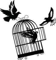 gaiola para pássaros. libertar os pássaros na gaiola. pássaro voador e gaiola. conceito de liberdade. emoção de liberdade e felicidade. vetor