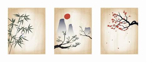 conjunto de poster vintage japonês handprinted vetor