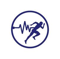 vetor de ícone de design de logotipo de maratona de pulso. design de logotipo de cuidados de saúde do corpo. homem correndo com ícone de batimento cardíaco de linha ecg.