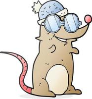 rato de desenho animado desenhado à mão livre usando óculos e chapéu vetor