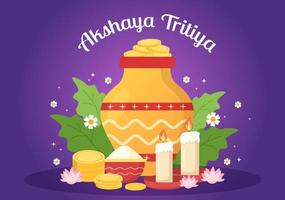 festival akshaya tritiya com um kalash dourado, pote e moedas de ouro para celebração de dhanteras no índio em ilustração de modelo de plano de fundo decorado vetor