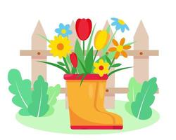 botas de borracha de jardim com flores. Primavera ou verão ilustração em vetor conceito de jardinagem.