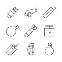 coleção de ícone explosivo. elemento de design de linha simples de bomba, granada e foguete vetor