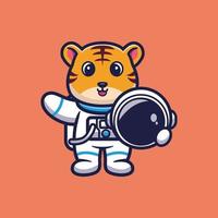 tigre de astronauta fofo segurando ilustração vetorial de desenho de capacete vetor