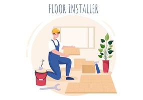 ilustração dos desenhos animados de instalação de piso com reparador, colocando pisos profissionais de parquet, madeira ou ladrilho em design de renovação de piso de casa vetor