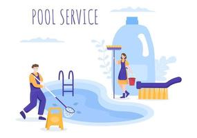 trabalhador de serviço de piscina com vassoura, aspirador de pó ou rede para manutenção e limpeza de sujeira na ilustração plana dos desenhos animados vetor