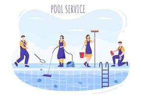 trabalhador de serviço de piscina com vassoura, aspirador de pó ou rede para manutenção e limpeza de sujeira na ilustração plana dos desenhos animados
