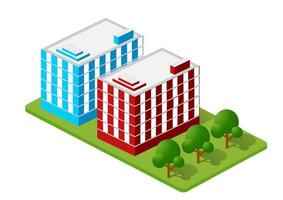 casas isométricas, sobrados, arranha-céus e ruas feitas em projeção em perspectiva para sites de design, portais de negócios e imobiliárias vetor