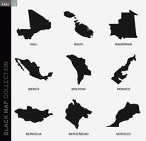 coleção de mapas pretos, mapas de contorno preto do mundo. vetor