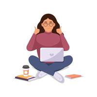 mulher senta-se em um laptop. ilustração vetorial plana de freelance, trabalho em casa, trabalho, escritório, educação. trabalho remoto e comunicação nas redes sociais. vetor