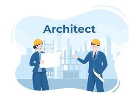 ilustração de desenho animado de arquiteto ou engenheiro usando uma mesa de placa multiuso para esboçar construções de edifícios e conceito de miniaturas de projeto vetor