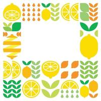 quadro de vetor plano minimalista, símbolo de ícone de frutas de limão. ilustração geométrica simples de frutas cítricas, laranjas, limonada e folhas. desenho abstrato em fundo preto. para espaço de cópia, postagens de mídia social.