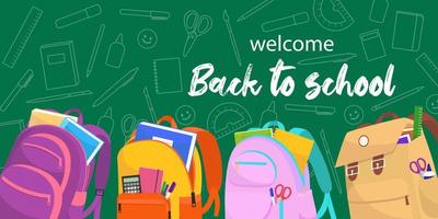 de volta ao banner da web da escola. fundo verde com ilustrações coloridas de mochilas e material educacional.