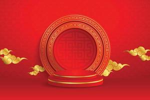 palco redondo de pódio, padrão de ouro chinês com elementos orientais asiáticos sobre fundo de cor vermelha, para cartão de convite de casamento, feliz ano novo, feliz aniversário, dia dos namorados, cartões, pôster. vetor