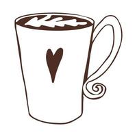 xícara de café com bebida quente de decoração de coração em estilo doodle isolado no fundo branco. ícone engraçado, elemento de design. ilustração vetorial vetor