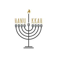 design de arte de linha feliz hanukkah. castiçal menorah com chama e texto. a família judia celebra o feriado da religião. elemento de linha fina de decoração. ilustração vetorial em fundo branco vetor