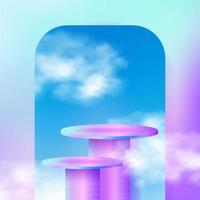 Exibição de produto de palco de pedestal de pódio de cor doce de suor com janela do céu e decoração de nuvem vetor
