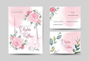 elegante cartão de convite de casamento rosa empoeirado em aquarela e modelos de rsvp vetor