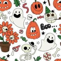 padrão sem emenda de vetor para o halloween. personagens fofinhos, fantasmas, abóboras, esqueletos em um fundo branco. imprimir para crianças
