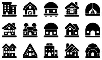 conjunto de ícones vetoriais relacionados ao tipo de casas. contém ícones como apartamento, celeiro, bangalô, cabana, chalé, castelo e muito mais. vetor