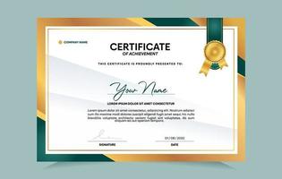 certificado verde e dourado do modelo de conquista definido com crachá de ouro e borda. para necessidades de prêmios, negócios e educação. ilustração vetorial vetor