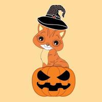 gato de halloween sentado na abóbora com sorriso no rosto ilustração vetorial vetor