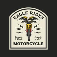 estilo vintage desenhado à mão de motocicleta mascote e distintivo de logotipo de garagem vetor