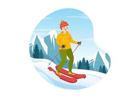 ilustração plana de desenhos animados desenhados à mão de snowboard de pessoas em roupas de inverno deslizando e pulando com pranchas de snowboard em encostas ou encostas de montanhas nevadas vetor