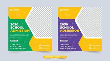 banner de mídia social de admissão escolar criativa para promoção. modelo de promoção de volta às aulas com cores verdes e roxas. curso acadêmico e design de modelo de web de admissão para fins educacionais. vetor