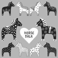 conjunto de tons de cinza de cavalos dala. esboço desenhado à mão de tinta do estilo escandinavo abstrato minimalista tradicional do cavalo sueco dalarna para cartões, estampas, ilustração vetorial de design têxtil vetor