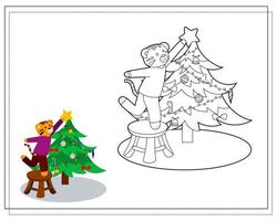 livro de colorir para crianças, tigre de desenho animado decora uma árvore de natal. vetor isolado em um fundo branco.