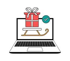 presentes de entrega de trenó do papai noel on-line. compras de natal em casa usando um serviço de entrega vetor