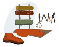 oficina de calçados. rolos de couro. ferramentas para trabalhar com materiais de couro. o conceito de alfaiataria de sapatos, bolsas e outros produtos de couro. vetor