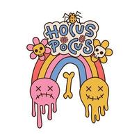 hocus pocus - hippie groovy halloween conceito isolado no fundo branco. impressão gráfica retrô com emoji, arco-íris, flor e símbolo de scull e texto no estilo dos anos 70, 80. ilustração vetorial desenhada à mão. vetor