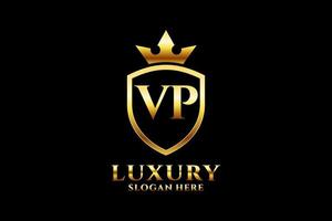 logotipo de monograma de luxo elegante vp inicial ou modelo de crachá com pergaminhos e coroa real - perfeito para projetos de marca luxuosos vetor