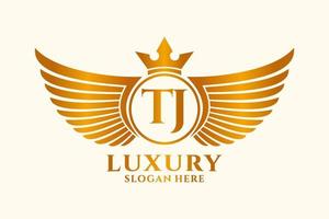 luxo royal wing letter tj crest gold color logo vector, logotipo da vitória, logotipo da crista, logotipo da asa, modelo de logotipo vetorial. vetor
