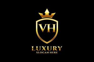 logotipo de monograma de luxo elegante inicial vh ou modelo de crachá com pergaminhos e coroa real - perfeito para projetos de marca luxuosos vetor